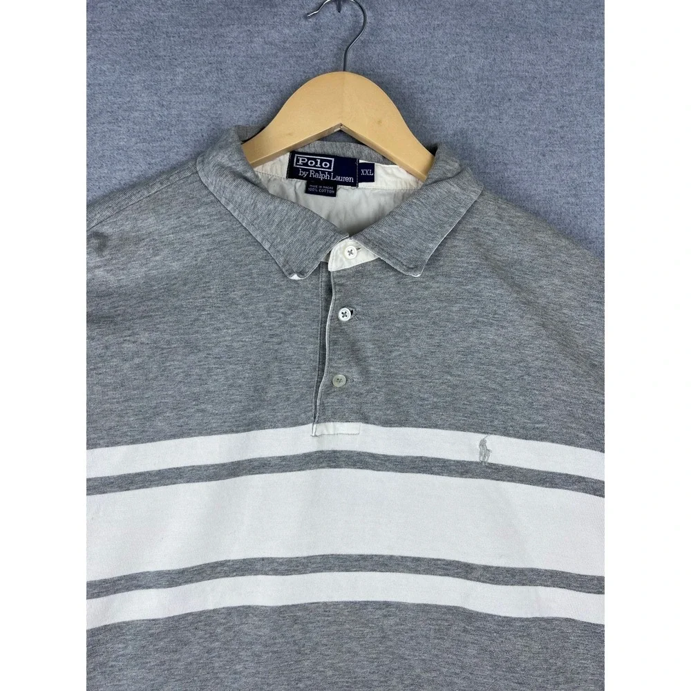 Polo Ralph Lauren Mens XXL Grey White Striped Long Sleeve Polo Shirt Cotton